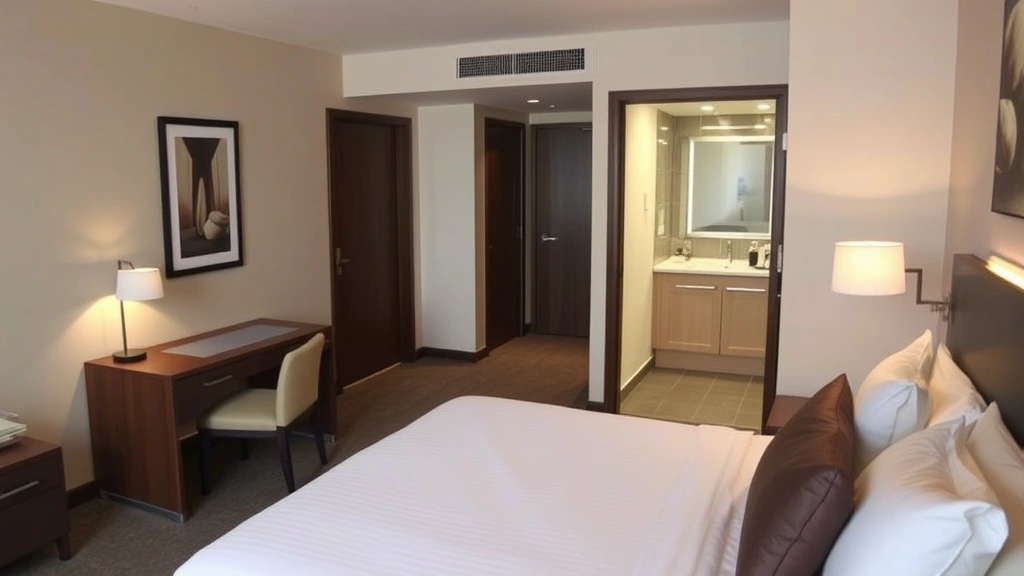 Spacious, clean hotel room with made bed featuring white linens, desk with comfortable chair, modern bathroom visible through open door, contemporary artwork on walls, warm ambient lighting, room appears fresh and immaculate