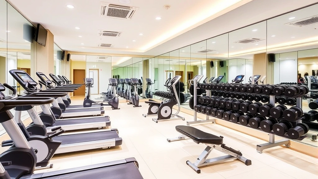 Hotel fitness center with cardio equipment, free weights on racks, mirrored walls, bright lighting, clean polished floors, modern gym aesthetic, no people visible