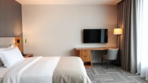 Clean modern hotel room with white bedding, wooden work desk with warm lamp lighting, flat-screen TV, and neutral gray walls in contemporary mid-range hotel style