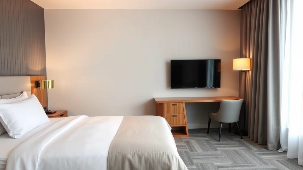 Clean modern hotel room with white bedding, wooden work desk with warm lamp lighting, flat-screen TV, and neutral gray walls in contemporary mid-range hotel style