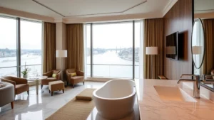 Luxury hotel suite in Basel with elegant furnishings, large windows overlooking Rhine River, modern bathroom with marble fixtures, contemporary minimalist design, natural daylight