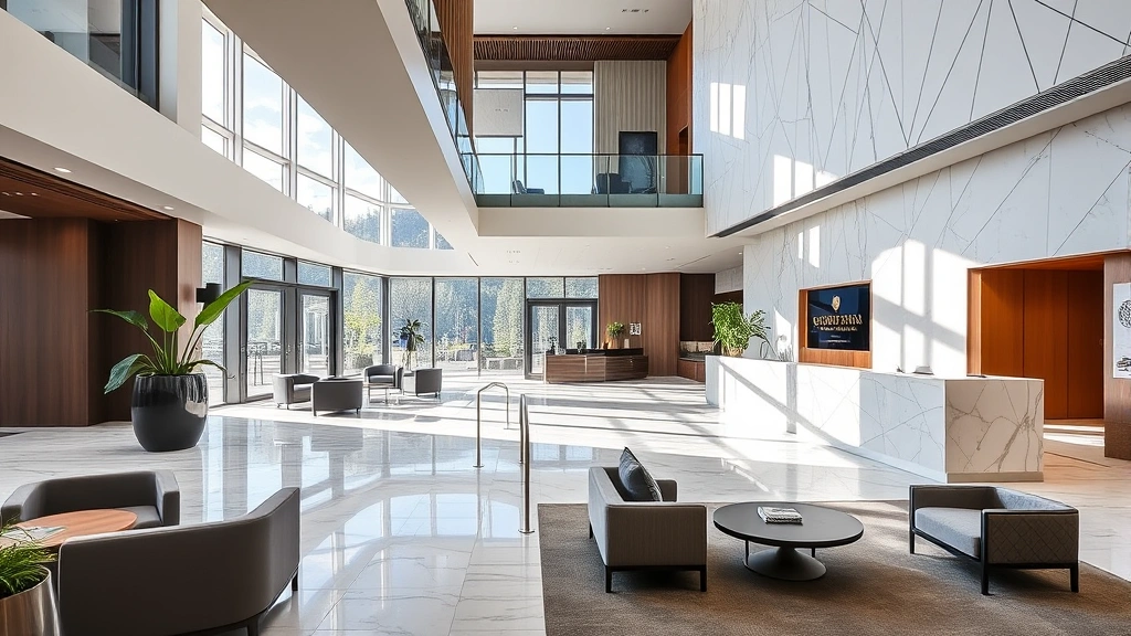 Modern hotel lobby in Switzerland featuring contemporary architecture, marble flooring, comfortable seating areas, professional reception desk, botanical elements and natural lighting