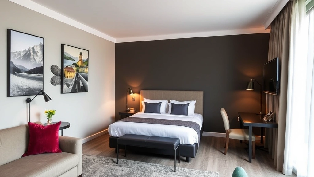 Boutique hotel bedroom with artistic design elements, local Swiss artwork on walls, premium bedding, sleek furniture, warm ambient lighting, compact but sophisticated layout