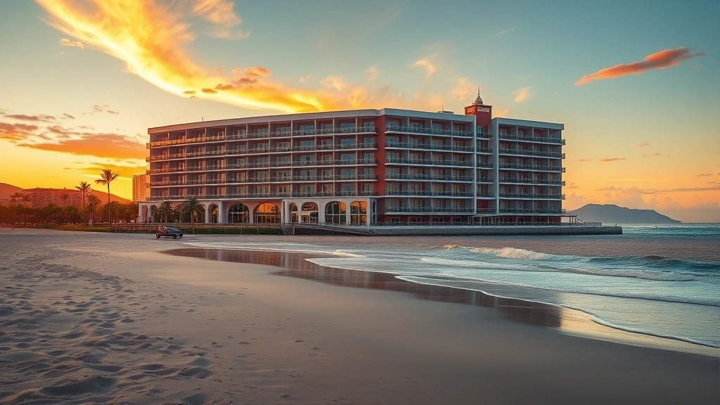 Beachfront hotel exterior at sunset with sandy beach, ocean waves, and coastal landscape in background, photorealistic, no text or signage visible