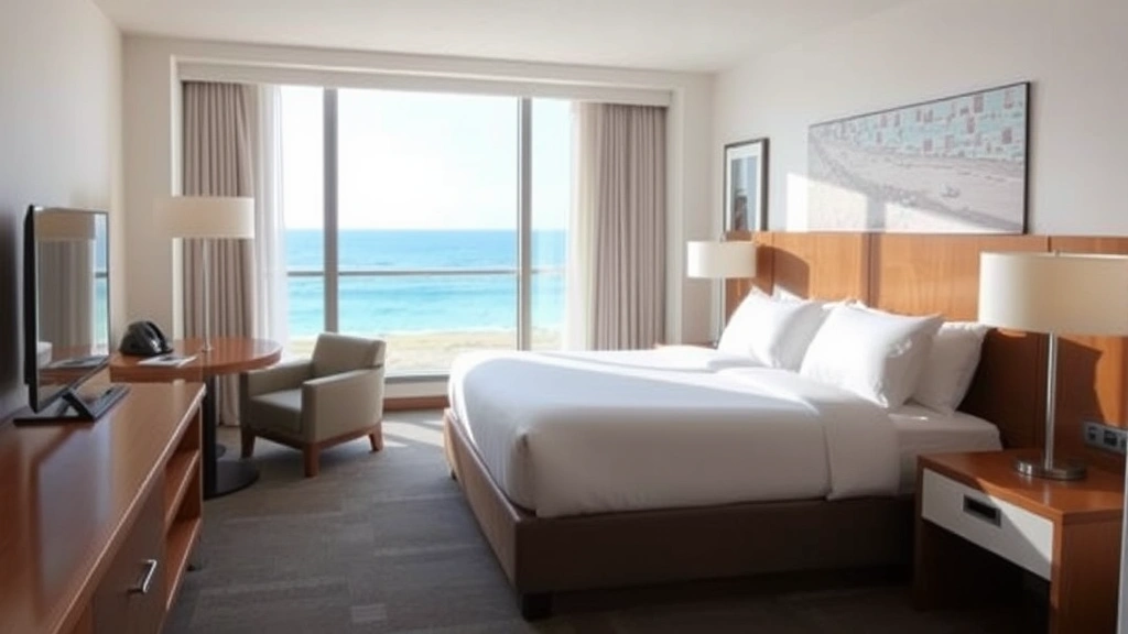 Modern hotel room interior with comfortable bed, ocean view window showing beach and water, contemporary furnishings, bright natural lighting