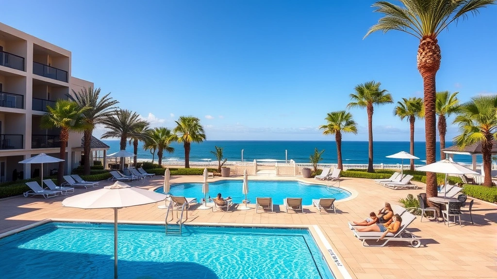Outdoor hotel pool area with lounge chairs, umbrellas, palm trees, ocean view in distance, clear sky, families and guests relaxing