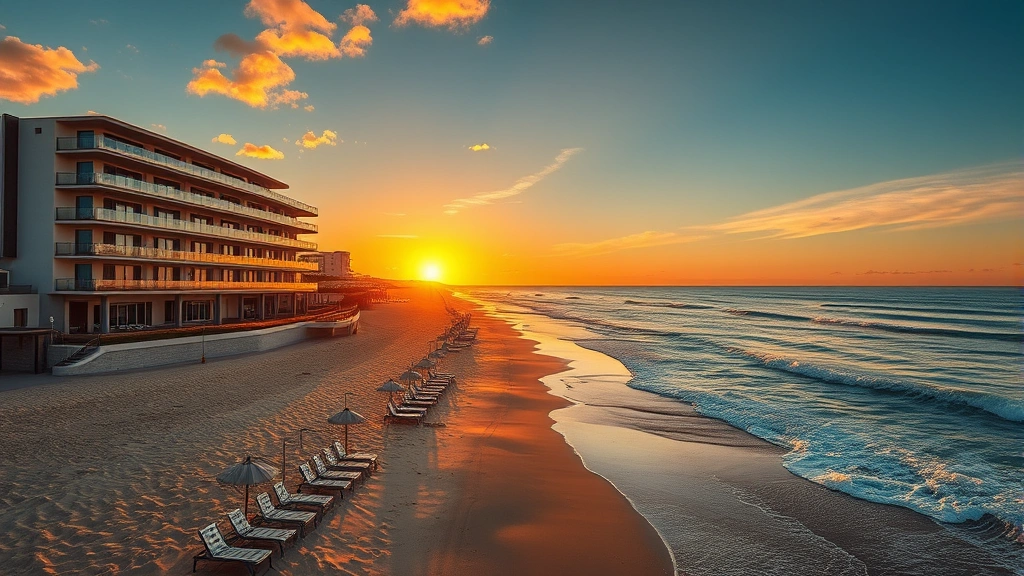 Modern beachfront hotel with contemporary architecture overlooking Pacific Ocean waves crashing on sandy beach during golden hour sunset, California coastal landscape