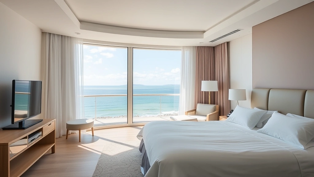 Elegant hotel bedroom interior with ocean view through large windows, comfortable bed with white linens, minimalist furnishings, natural light illuminating spacious accommodation