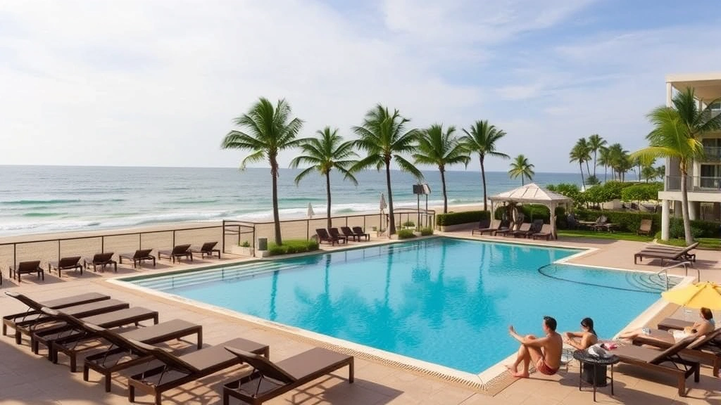 Beachfront hotel pool deck with lounge chairs, ocean views in background, palm trees, guests relaxing, sandy beach access visible, coastal resort ambiance