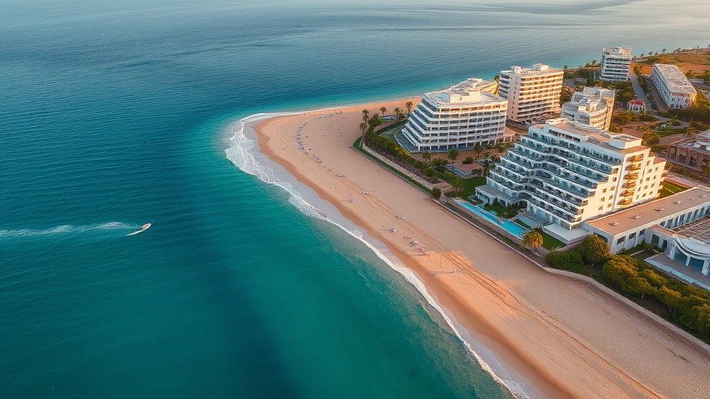 Aerial view of Mediterranean coastline with sandy beaches, turquoise water, and modern beachfront hotel buildings with white architecture overlooking the sea, golden hour lighting