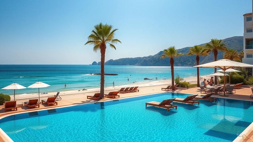 Beachfront hotel pool area with loungers and umbrellas facing crystalline Mediterranean waters, palm trees, and distant coastal cliffs, sunny afternoon atmosphere