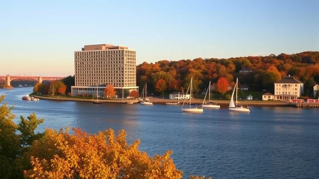 Scenic Hudson River waterfront view with modern hotel building and sailboats, autumn foliage, golden hour lighting, residential architecture style