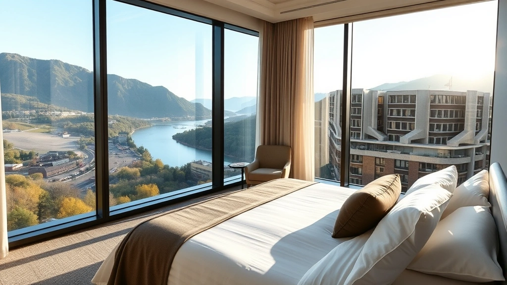 Contemporary hotel room interior with large windows overlooking river valley, comfortable bed with premium linens, minimalist design, natural daylight streaming through glass