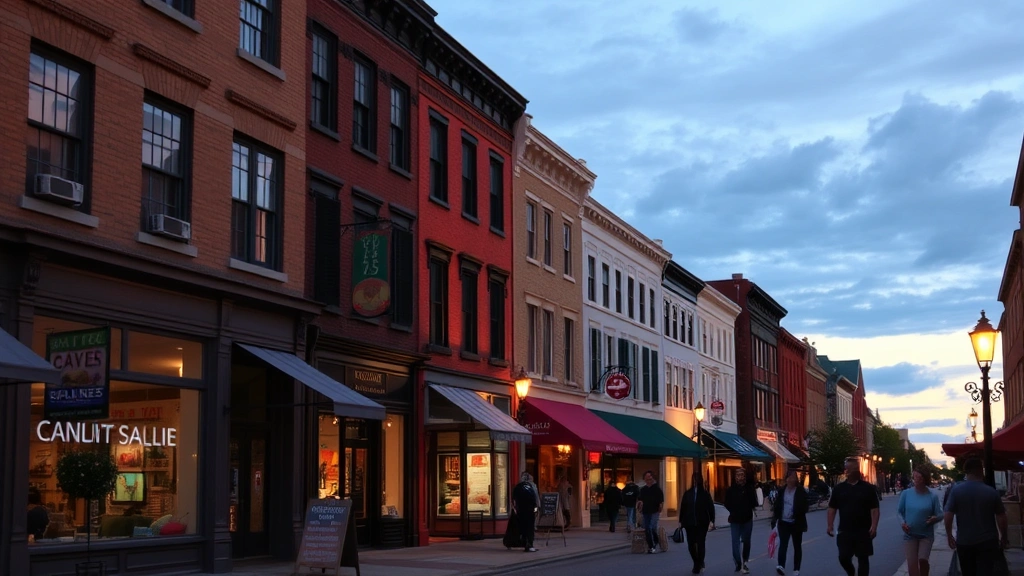 Beacon Main Street storefront and gallery district at dusk, walking pedestrians, historic buildings converted to shops and restaurants, warm street lighting, charming downtown atmosphere