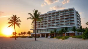 Modern beachfront hotel exterior at sunset with palm trees and sandy beach in foreground, contemporary architecture with ocean views, warm golden lighting