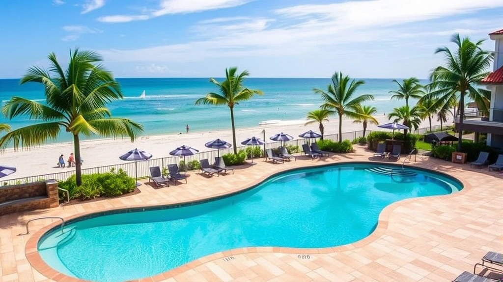 Outdoor hotel pool area overlooking sandy beach with lounge chairs and umbrellas, tropical landscaping, clear blue water and sky, vacation resort atmosphere