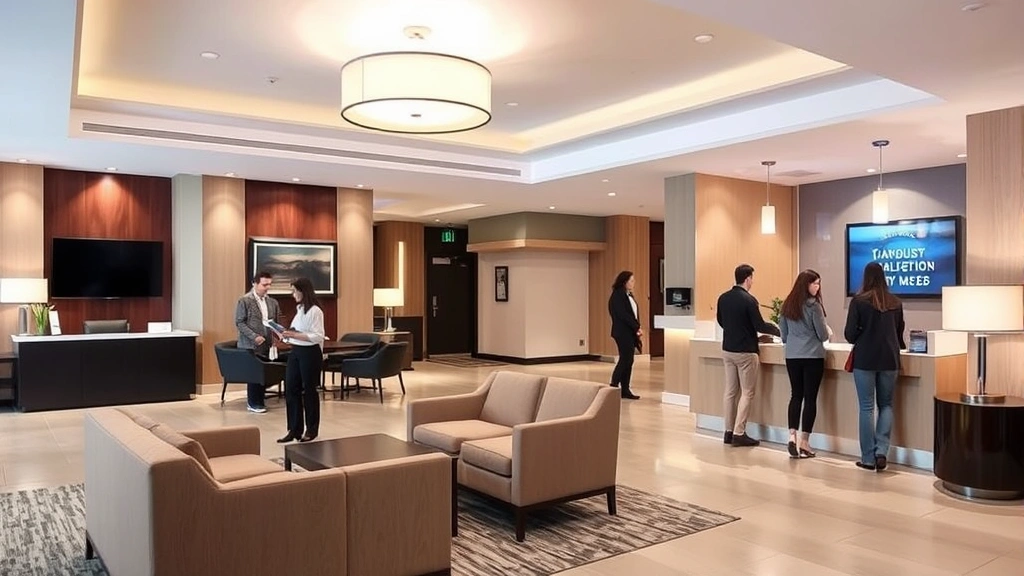 Hotel lobby with comfortable seating area, reception desk, modern lighting fixtures, and professional hospitality environment. Guests checking in, welcoming atmosphere, contemporary design with neutral color palette, no signage or text visible.