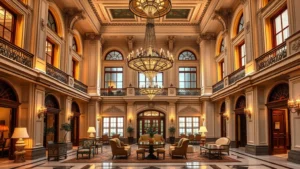 Elegant historic hotel lobby featuring ornate architectural details, period chandeliers, and classic furniture arrangement with warm ambient lighting and polished marble flooring