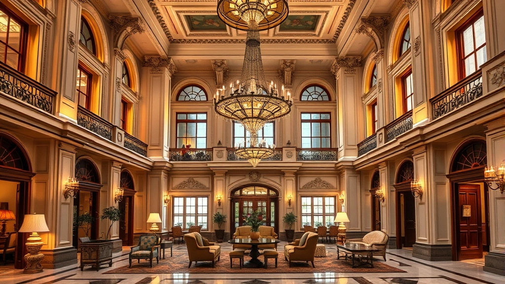 Elegant historic hotel lobby featuring ornate architectural details, period chandeliers, and classic furniture arrangement with warm ambient lighting and polished marble flooring