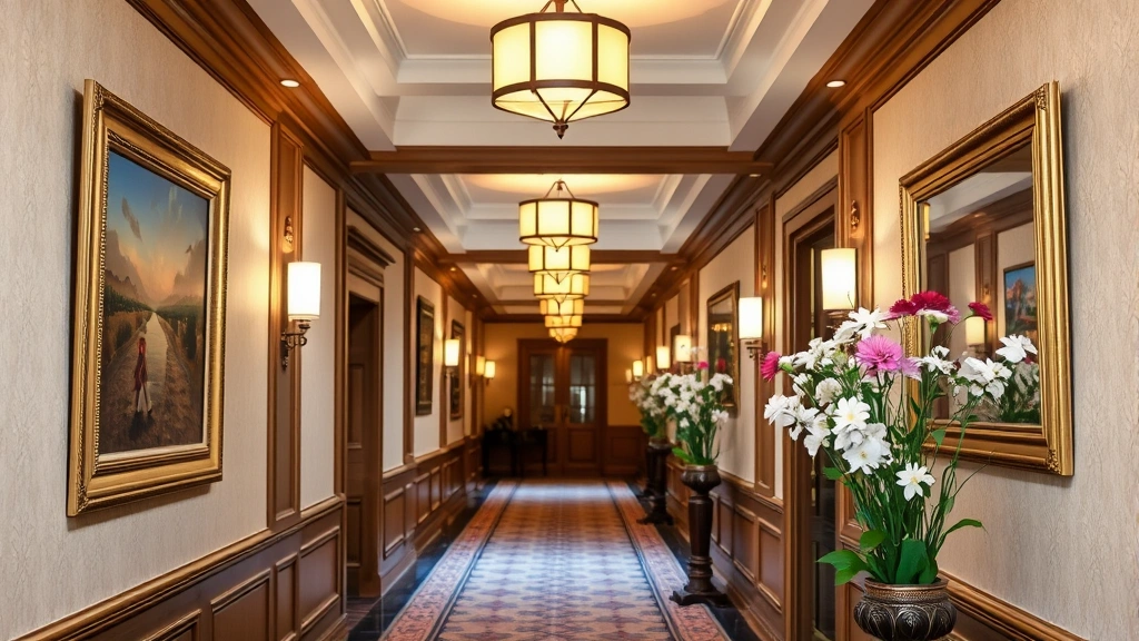Hotel corridor with historic architectural elements, tasteful lighting fixtures, framed artwork on walls, and fresh flowers in decorative vases creating welcoming atmosphere
