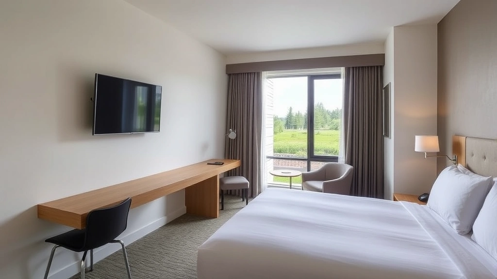 Modern hotel room interior with clean white bedding, desk workspace, flat-screen television mounted on wall, and natural light from window overlooking landscaped grounds