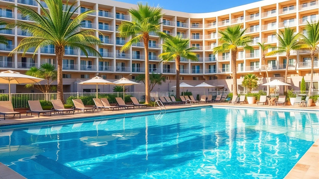 Hotel swimming pool area during daytime with lounge chairs, clear blue water, palm trees, and guests relaxing poolside in warm sunlight