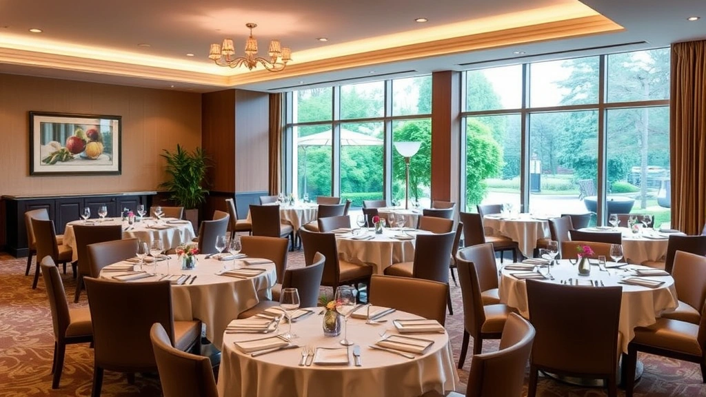 Hotel restaurant dining area with round tables set for service, comfortable chairs, warm lighting, large windows showing outdoor garden views, and professional table settings