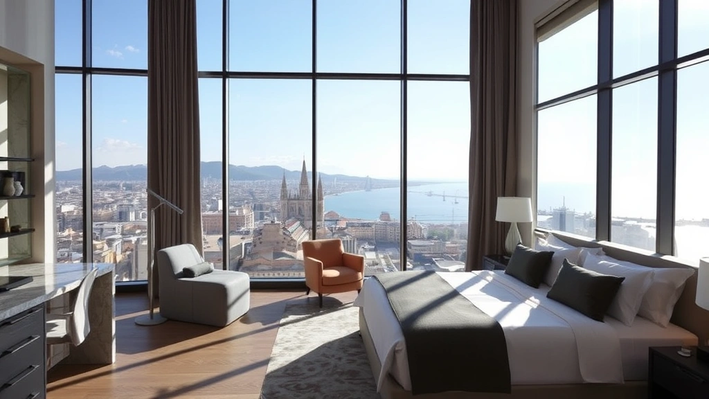 Modern luxury hotel room in Barcelona with floor-to-ceiling windows overlooking Mediterranean cityscape, elegant furnishings, contemporary design, natural daylight, high-end bedding and marble bathroom visible