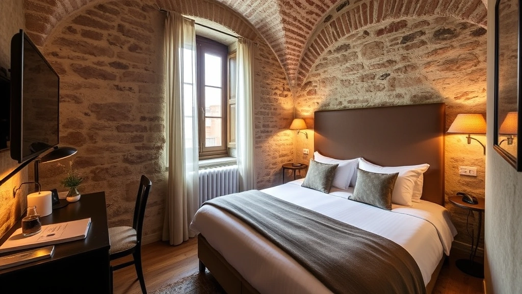 Cozy mid-range hotel bedroom in Barcelona's Gothic Quarter with exposed stone walls, comfortable bed, warm lighting, traditional Spanish architectural details, modern amenities, authentic neighborhood atmosphere