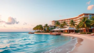 Luxurious beachfront hotel resort with turquoise water, pink sand beach, palm trees, and modern architecture overlooking the ocean in tropical setting