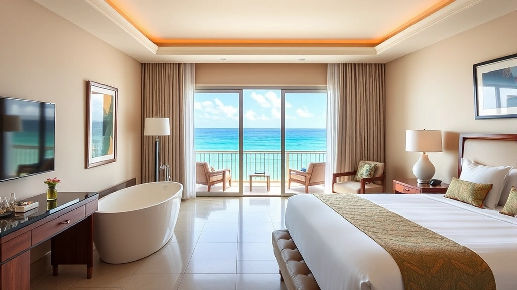 Elegant hotel suite interior with ocean view balcony, contemporary furnishings, spa bathtub, and premium bedding in upscale Caribbean resort