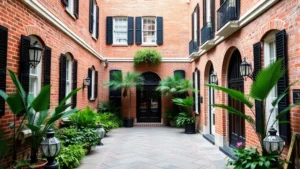 Elegant Charleston hotel courtyard with historic brick walls, gas lanterns, and lush green plants, Southern architecture, daytime natural lighting, no signage or text visible