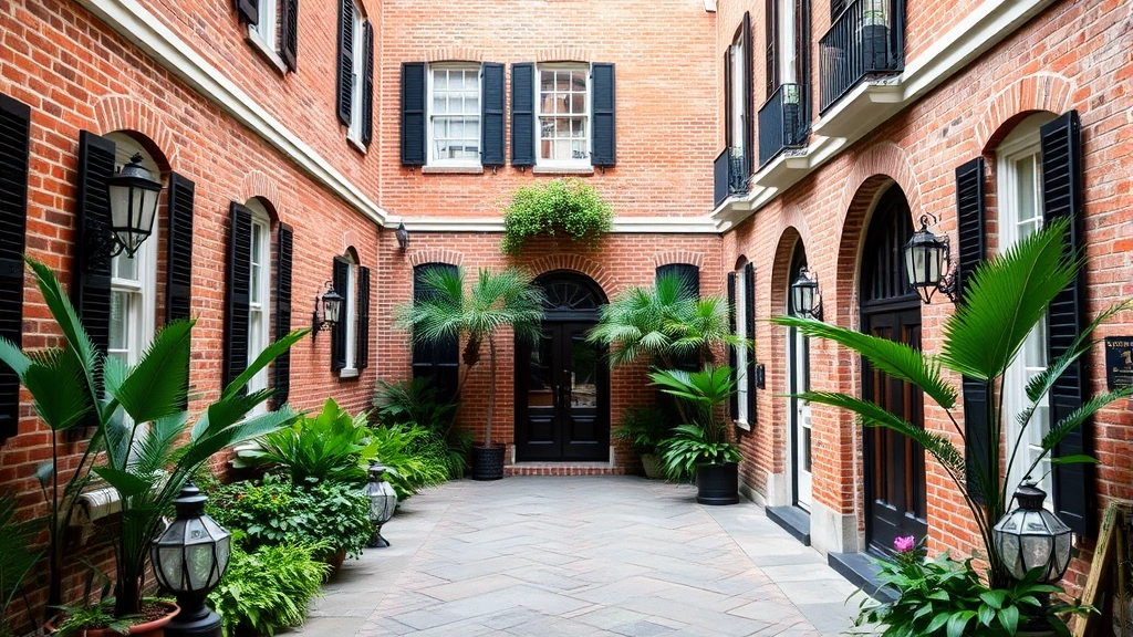 Elegant Charleston hotel courtyard with historic brick walls, gas lanterns, and lush green plants, Southern architecture, daytime natural lighting, no signage or text visible