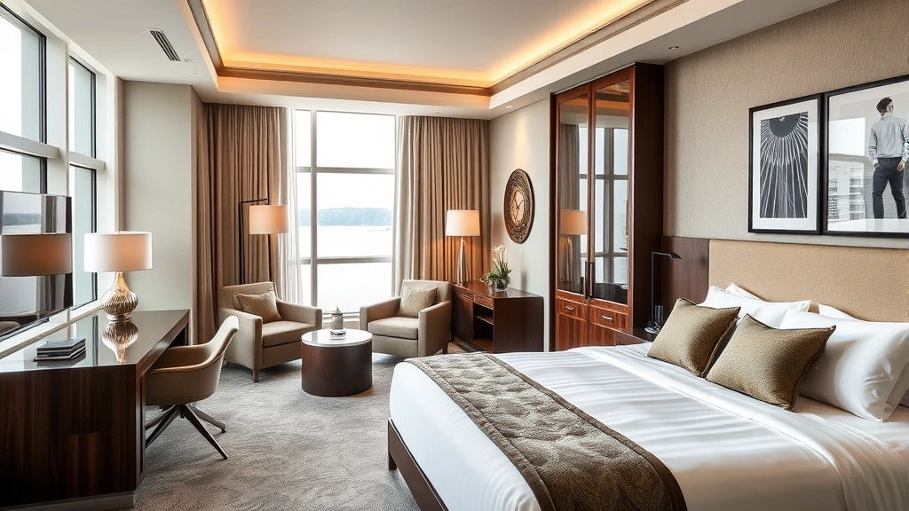 Modern hotel room interior with elegant furnishings, comfortable bed with quality linens, large window showing water view, contemporary design, bright natural light, residential aesthetic
