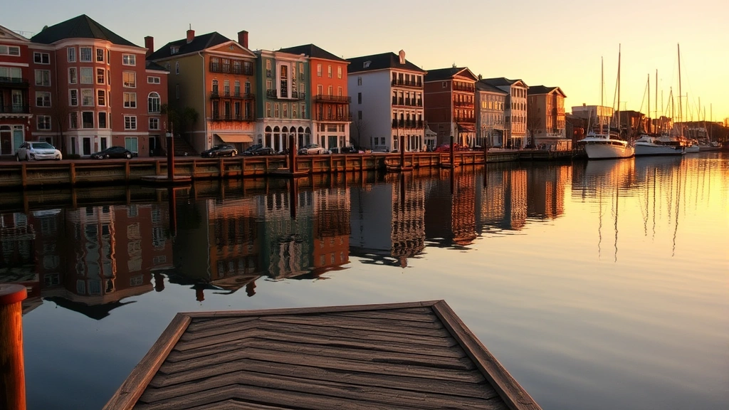 Charleston waterfront at sunset with historic buildings reflected in calm harbor water, wooden dock in foreground, warm golden light, peaceful scene, no people or identifying markers