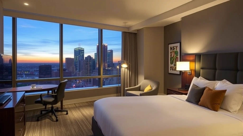 Modern hotel room with contemporary furnishings, large window overlooking Detroit skyline at dusk, neutral color palette, comfortable bed with premium linens, sleek desk area