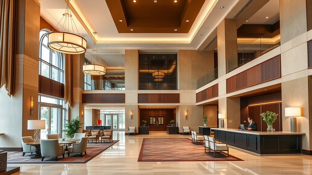Upscale hotel lobby with high ceilings, contemporary light fixtures, comfortable seating areas, professional concierge desk, polished floors, welcoming entrance atmosphere