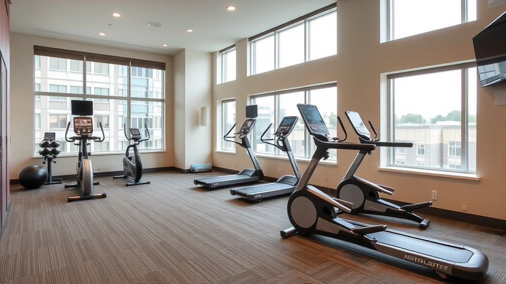 Hotel amenity area featuring fitness center with modern exercise equipment, large windows with natural light, clean professional appearance, ready for guest use