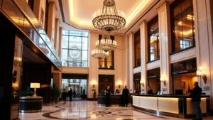 Elegant luxury hotel lobby in Dublin with high ceilings, ornate chandeliers, and marble floors, guests checking in at reception desk, warm evening lighting, sophisticated interior design