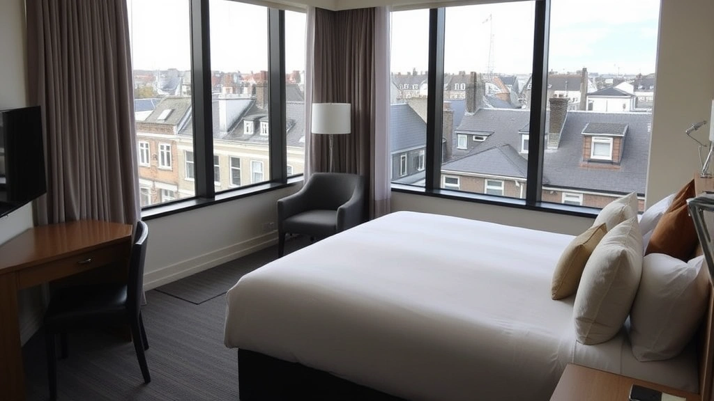 Modern mid-range hotel room in Dublin city center, comfortable bed with quality linens, contemporary furnishings, large windows overlooking rooftops, neutral color palette, bright natural daylight
