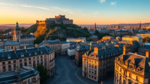 Aerial view of Edinburgh cityscape at sunset showing historic castle on hilltop, Georgian architecture, and winding cobblestone streets below, golden hour lighting reflecting off sandstone buildings