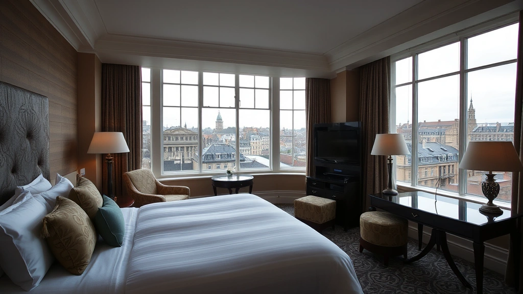 Luxurious hotel bedroom interior with elegant furnishings, floor-to-ceiling windows overlooking Edinburgh rooftops, classic Scottish design elements, soft ambient lighting, pristine white linens on bed