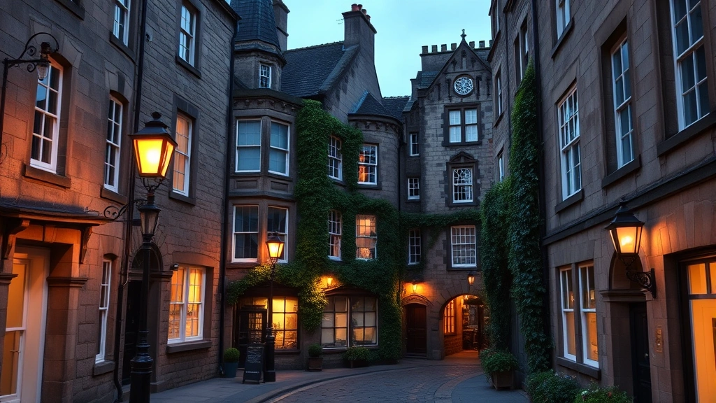 Historic Edinburgh Old Town street scene with traditional stone buildings, narrow closes and passageways, gas lamps, ivy-covered walls, atmospheric medieval architecture, dusk lighting with warm window glows