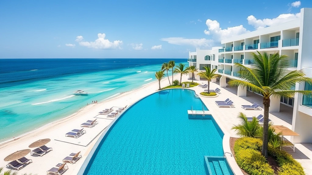 Modern luxury beachfront hotel with infinity pool overlooking turquoise ocean waters, contemporary white architecture, palm trees, sunny Florida day