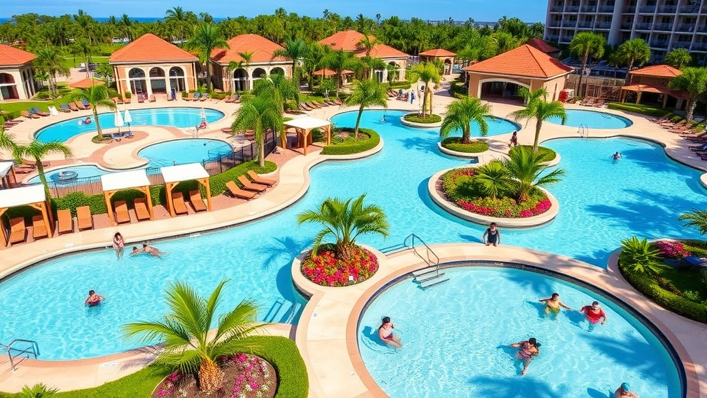 Family-friendly resort pool area with multiple pools, cabanas, lounge chairs, tropical landscaping, families relaxing and swimming