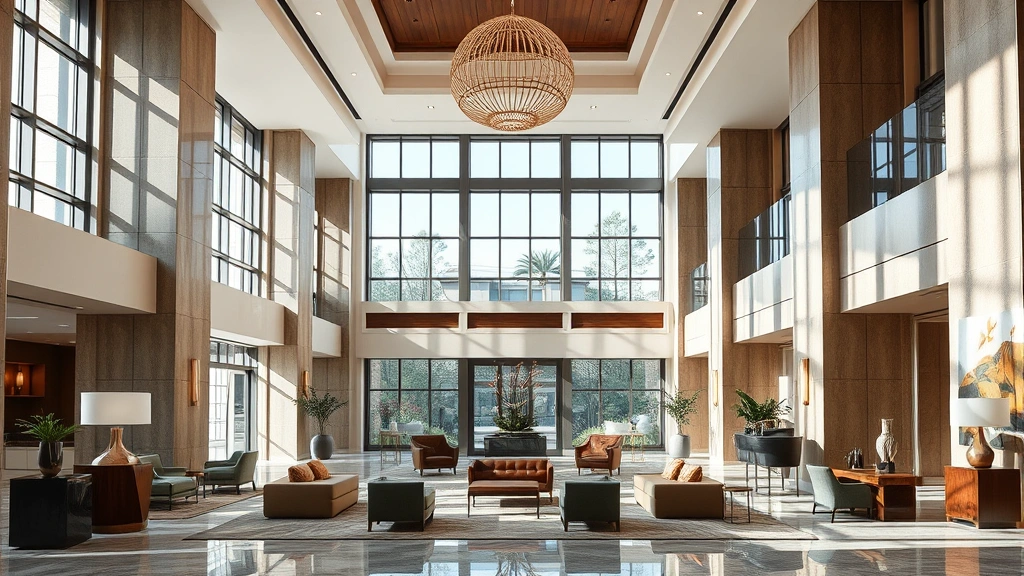 Upscale hotel lobby interior with contemporary design, high ceilings, natural lighting, elegant furnishings, modern art installations
