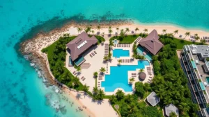 Aerial view of a luxury beachfront resort in Hawaii with turquoise ocean, white sand beach, multiple pools, and lush tropical gardens surrounding modern architecture