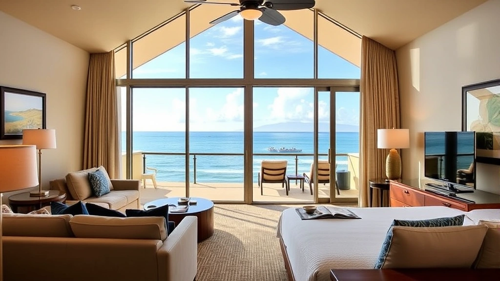 Oceanfront hotel room interior in Hawaii with floor-to-ceiling windows showing panoramic ocean views, contemporary furnishings, and open lanai with lounge chairs