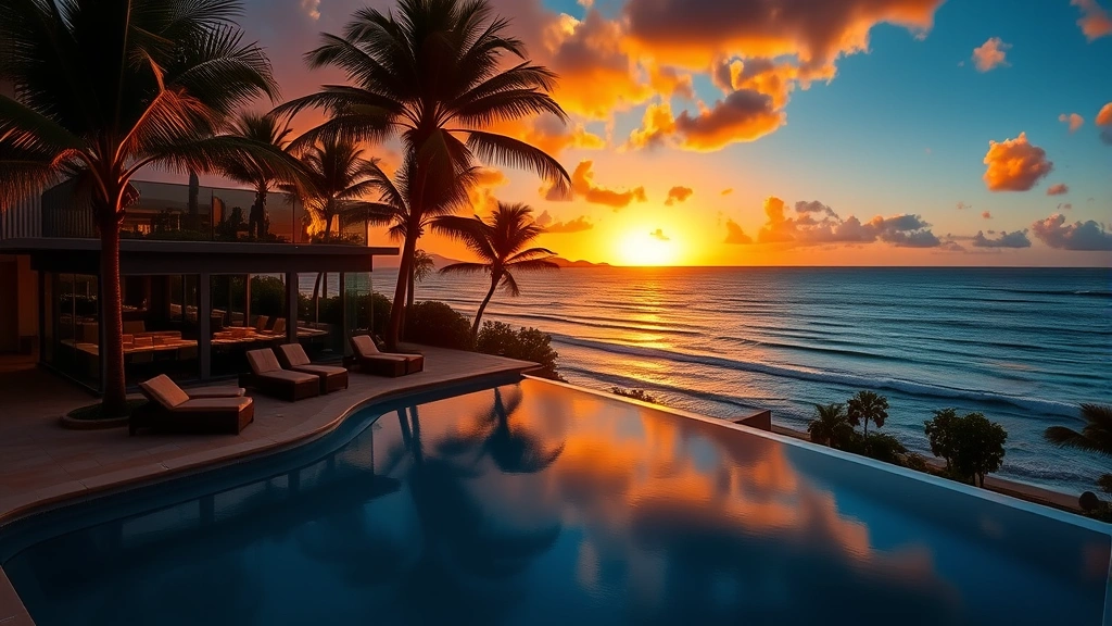 Sunset scene at a Hawaiian resort pool deck with infinity pool overlooking the Pacific Ocean, palm trees, comfortable lounge seating, and warm golden light
