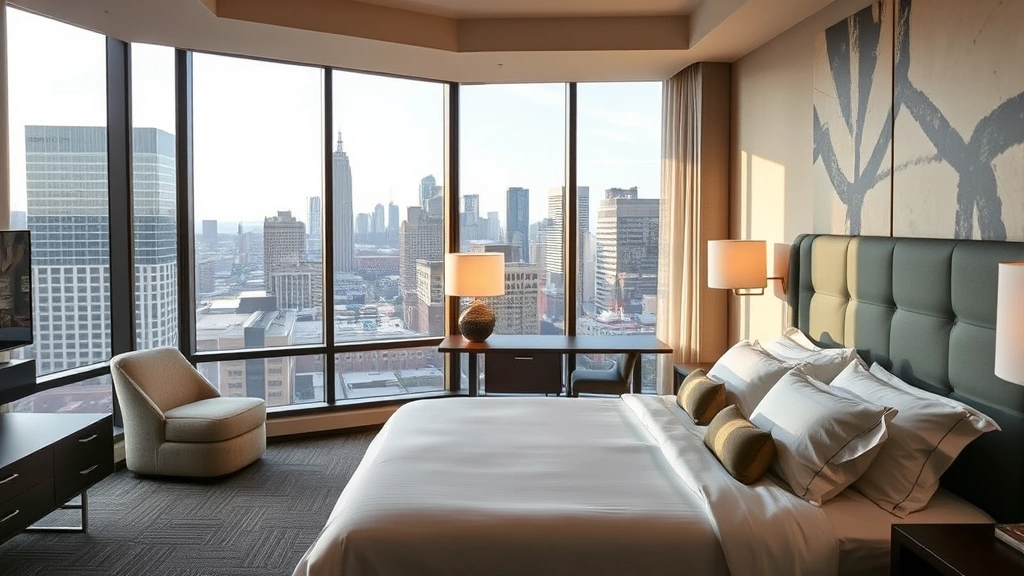 Upscale hotel room with king bed, modern furnishings, warm lighting, and elegant decor overlooking Kansas City skyline through floor-to-ceiling windows, photorealistic style